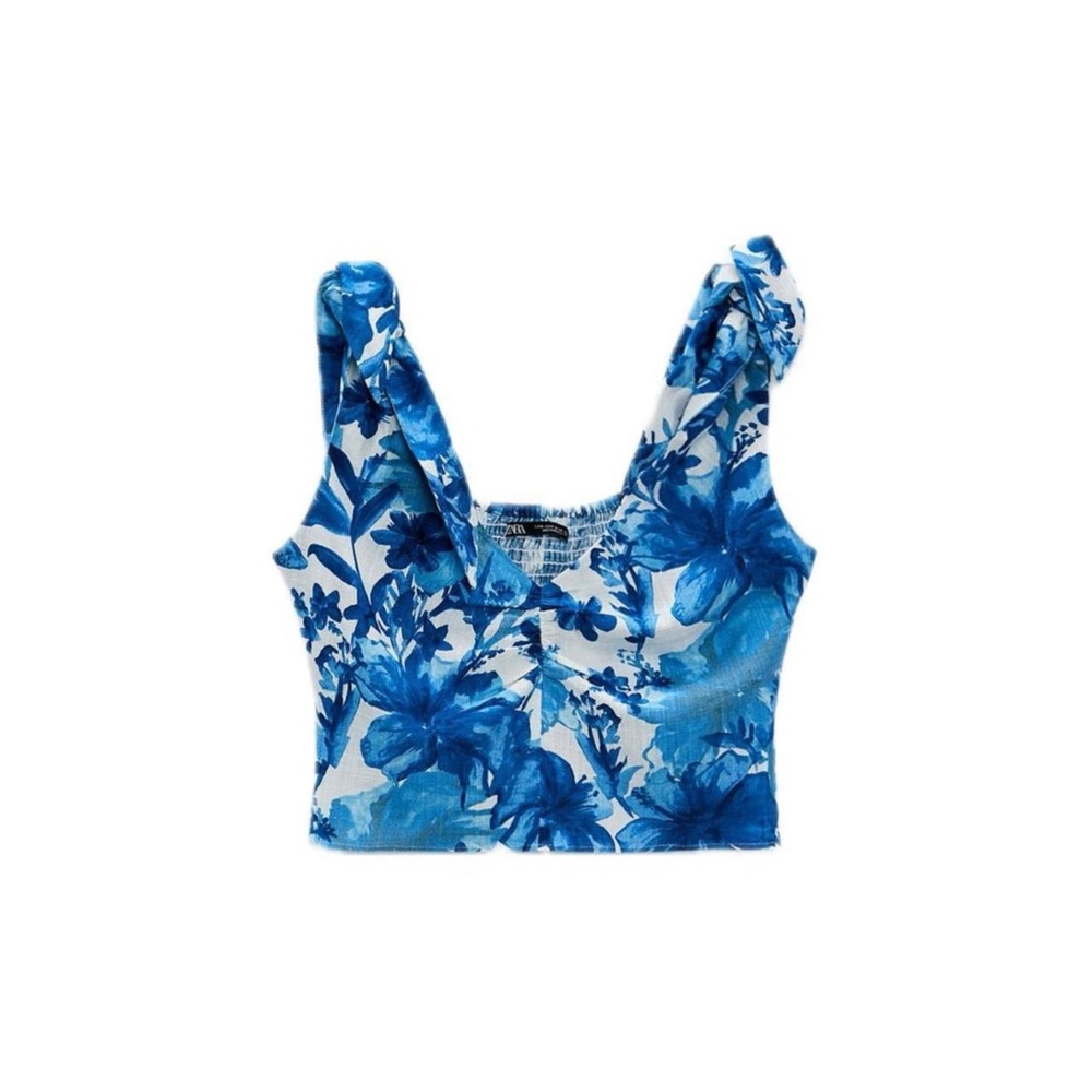 Floral Print Shoulder Tie Tank Zara Blue And White Top